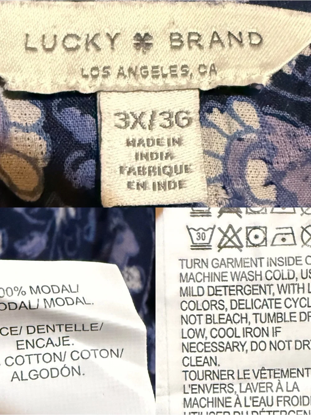 Lucky Brand Womens Shirt Blouse Blue Floral Short Sleeve Lace Plus Size 3X
